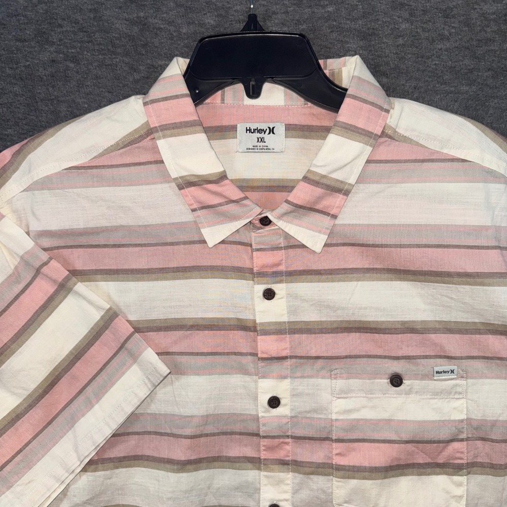 Hurley Mens XXL Short Sleeve Button Up Lido Shirt Stretch Striped Pink Bone NEW
